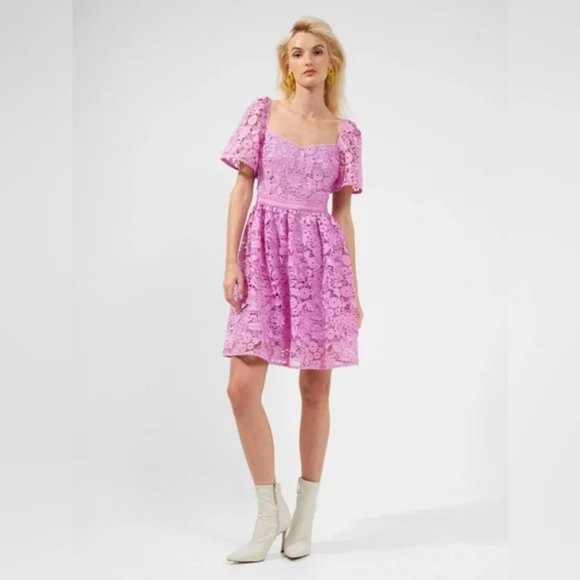 French Connection Celilla Cabello Fall Hoco Floral Lace Dress in Pink Violet - Picture 1 of 12